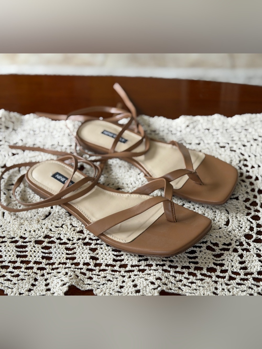 Nine West Brown Strappy Square-Toe Wrap Sandals